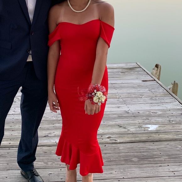 pretty little thing red off the shoulder dress